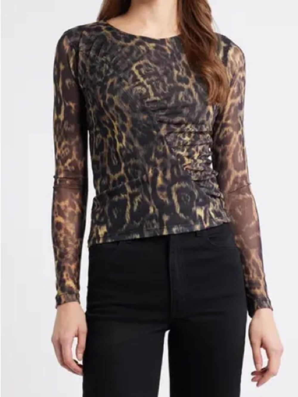 Sheer Long-Sleeve Leopard Print Top - Black & Brown